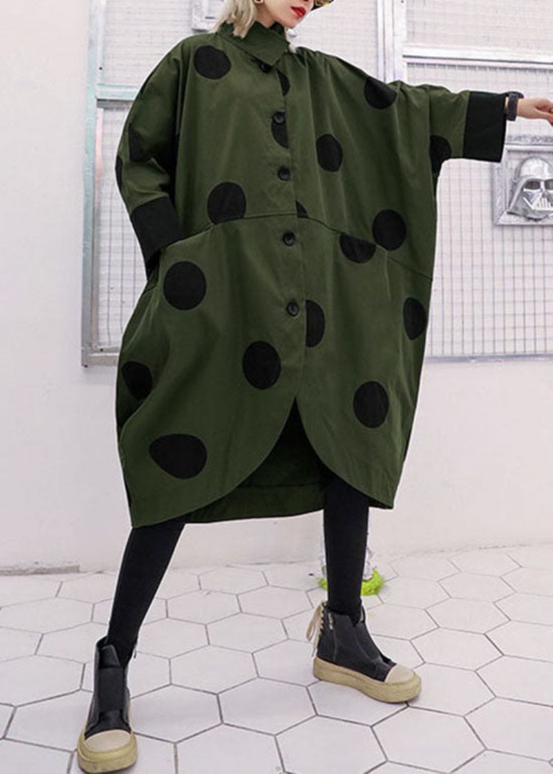 Løs Army Green Asymmetrisk Design Peter Pan Krave Prikprint Trenchcoats Spring