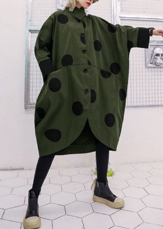 Løs Army Green Asymmetrisk Design Peter Pan Krave Prikprint Trenchcoats Spring