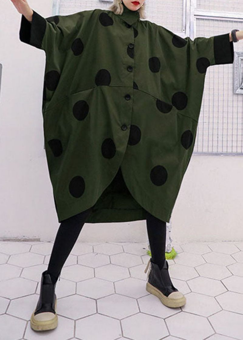 Løs Army Green Asymmetrisk Design Peter Pan Krave Prikprint Trenchcoats Spring - Dame trenchcoats