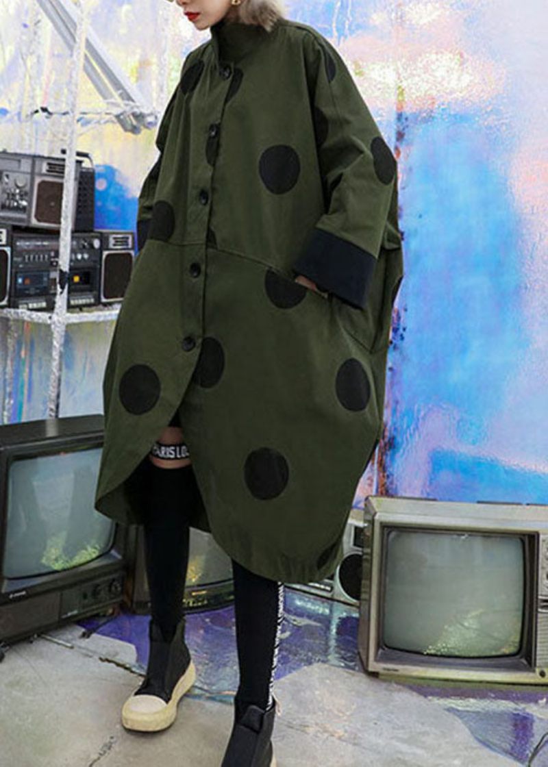 Løs Army Green Asymmetrisk Design Peter Pan Krave Prikprint Trenchcoats Spring - Dame trenchcoats