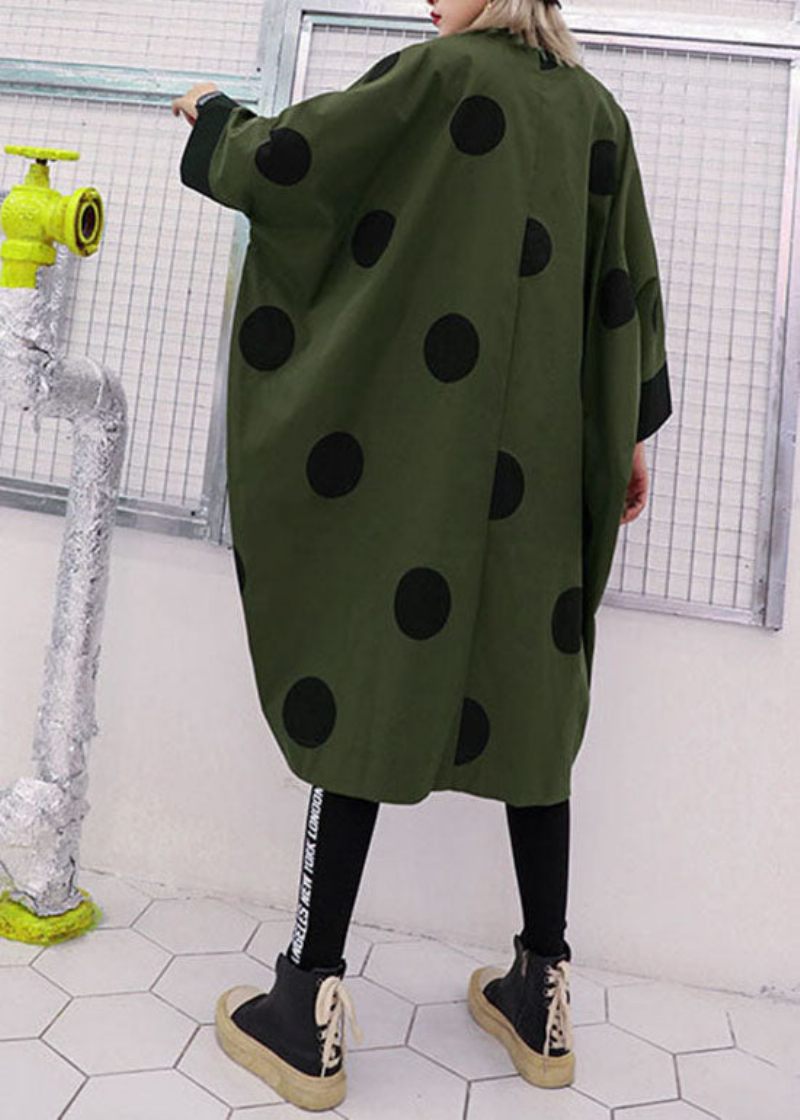 Løs Army Green Asymmetrisk Design Peter Pan Krave Prikprint Trenchcoats Spring - Dame trenchcoats