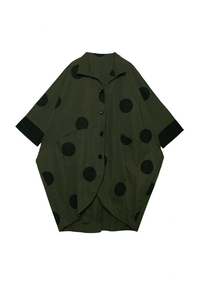 Løs Army Green Asymmetrisk Design Peter Pan Krave Prikprint Trenchcoats Spring - Dame trenchcoats