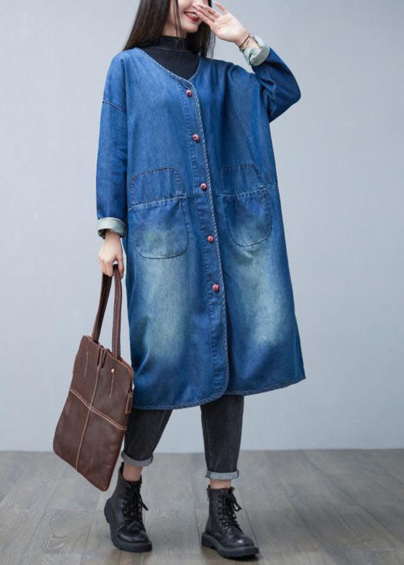 Løs Denim Blå V-hals Patchwork Lommer Bomuld Trench Coats Spring