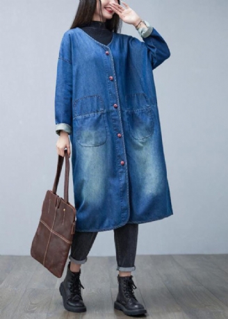 Løs Denim Blå V-hals Patchwork Lommer Bomuld Trench Coats Spring