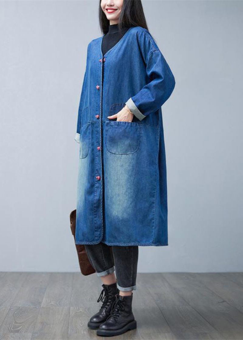 Løs Denim Blå V-hals Patchwork Lommer Bomuld Trench Coats Spring - Dame trenchcoats