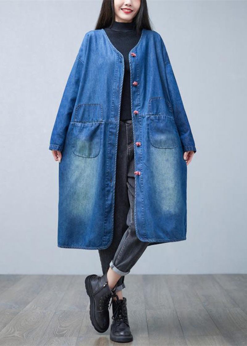 Løs Denim Blå V-hals Patchwork Lommer Bomuld Trench Coats Spring - Dame trenchcoats