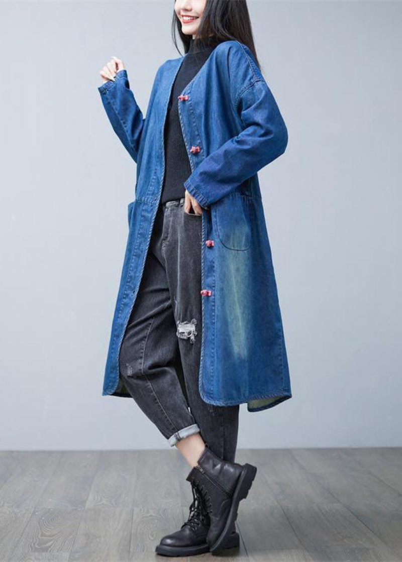 Løs Denim Blå V-hals Patchwork Lommer Bomuld Trench Coats Spring - Dame trenchcoats