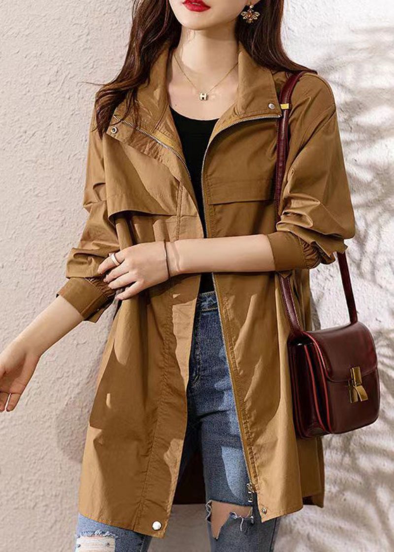 Løs Mørk Khaki Hætte Lynlås Patchwork Bomuld Trench Coat Fall - Dame trenchcoats