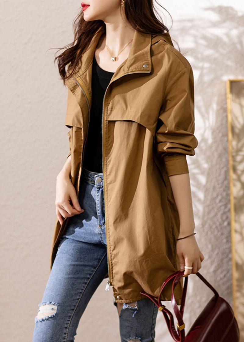 Løs Mørk Khaki Hætte Lynlås Patchwork Bomuld Trench Coat Fall - Dame trenchcoats