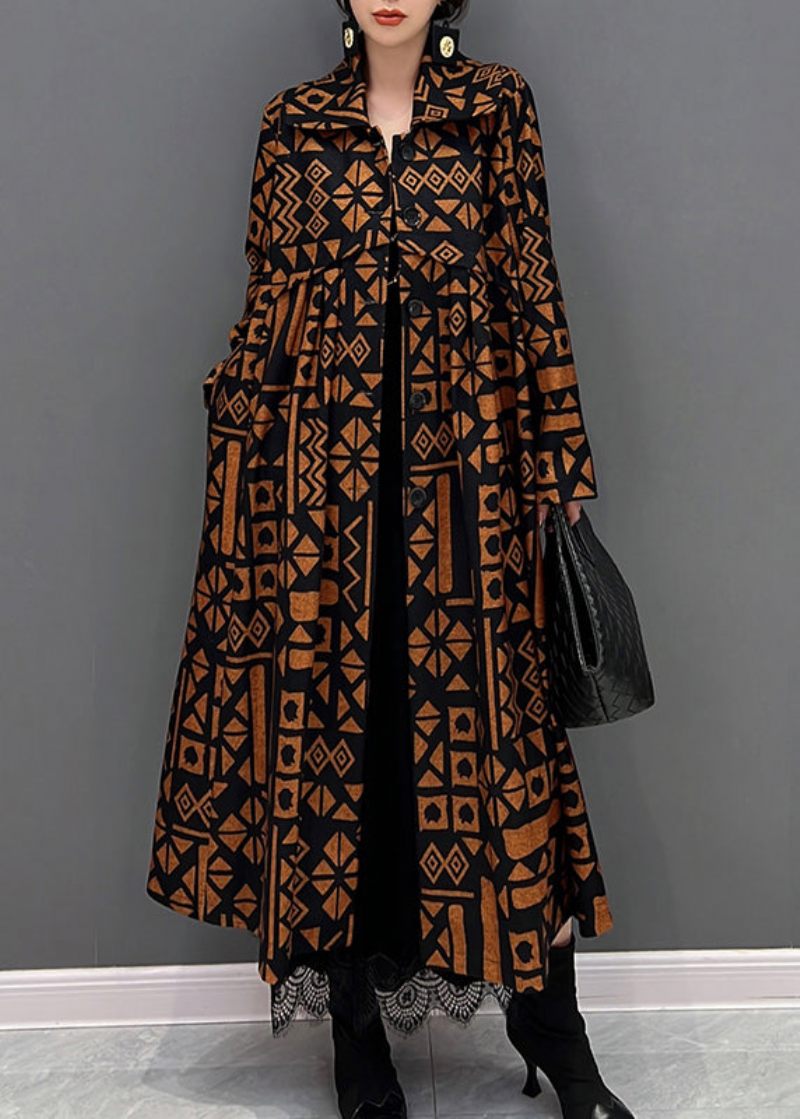 Løs Orange Peter Pan Krave Print Button Trench Coats Efterår - Dame trenchcoats