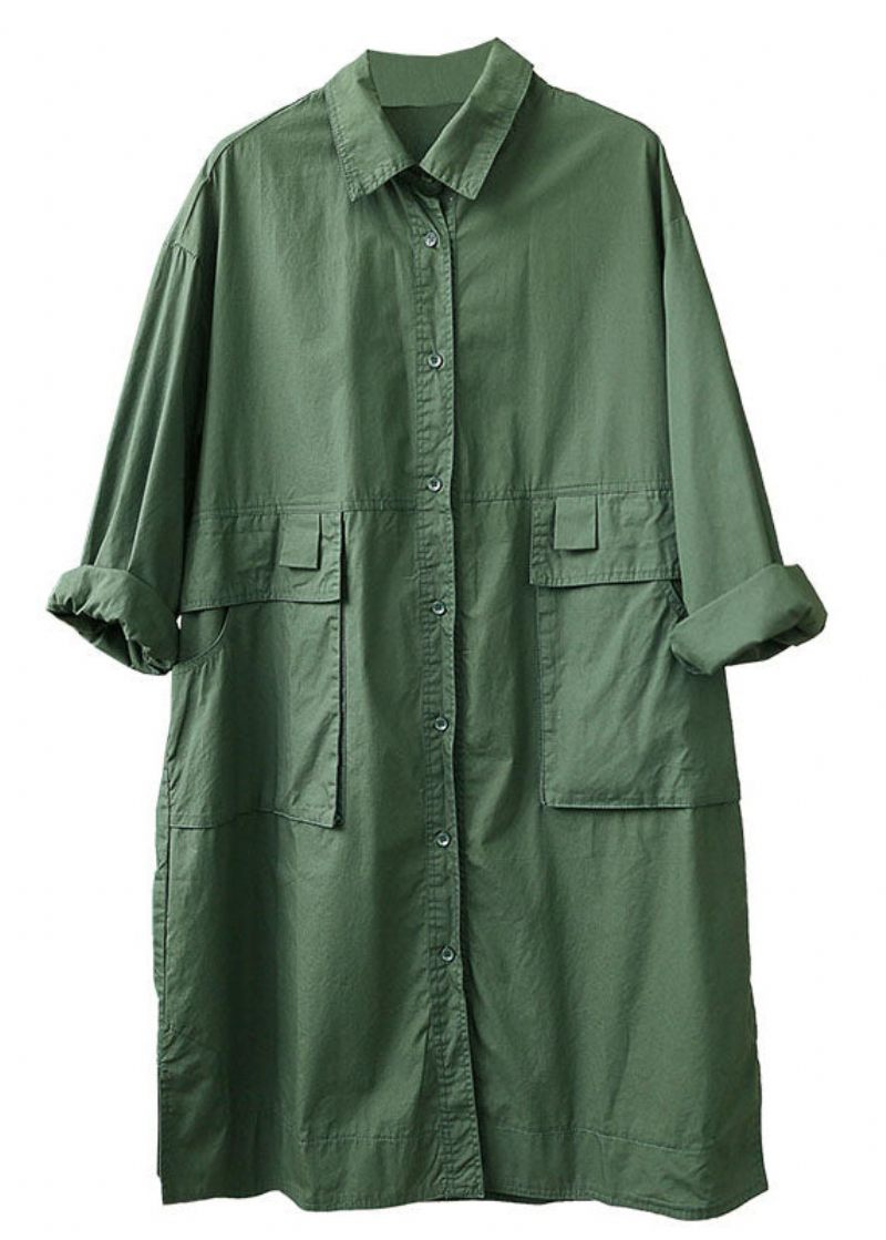 Løs Te Grøn Peter Pan Krave Knap Lommer Fall Langærmet Trench Coat - Dame trenchcoats