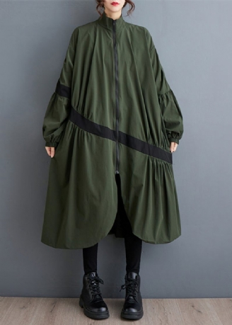 Løse Army Green Zip Up Rynkede Lommer Patchwork Trench Fall