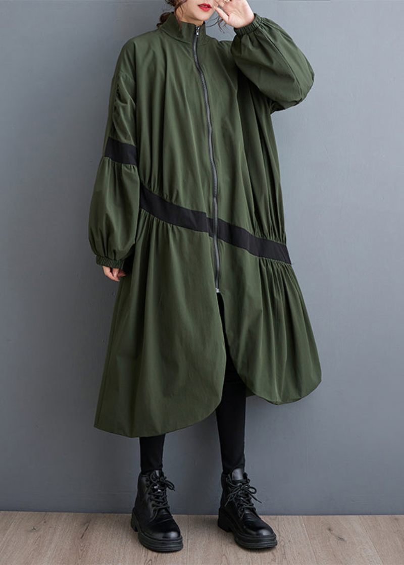 Løse Army Green Zip Up Rynkede Lommer Patchwork Trench Fall - Dame trenchcoats