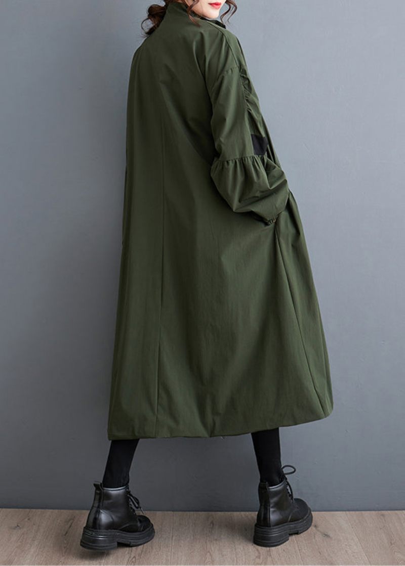 Løse Army Green Zip Up Rynkede Lommer Patchwork Trench Fall - Dame trenchcoats