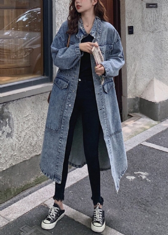 Løse Blå Knaplommer Patchwork Denim Lange Trenchcoats Efterår