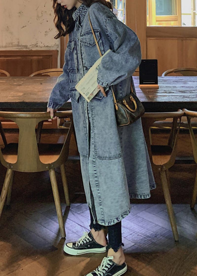 Løse Blå Knaplommer Patchwork Denim Lange Trenchcoats Efterår - Dame trenchcoats