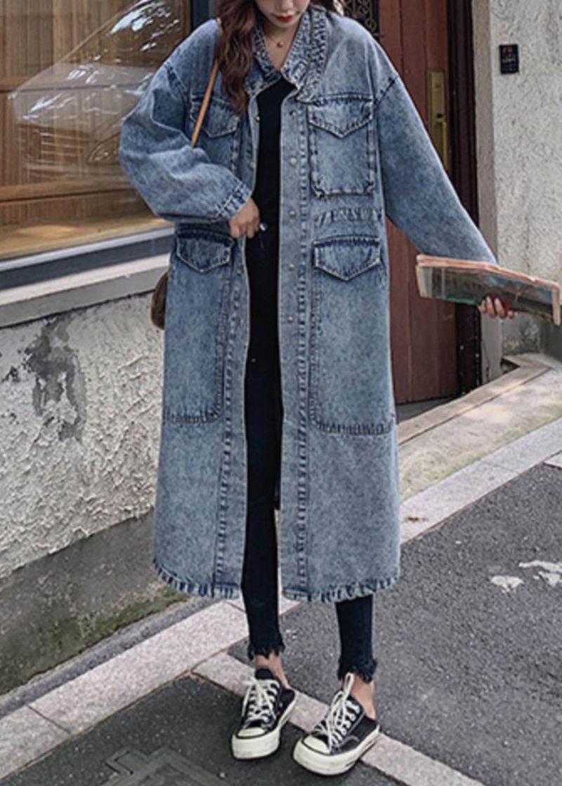 Løse Blå Knaplommer Patchwork Denim Lange Trenchcoats Efterår - Dame trenchcoats