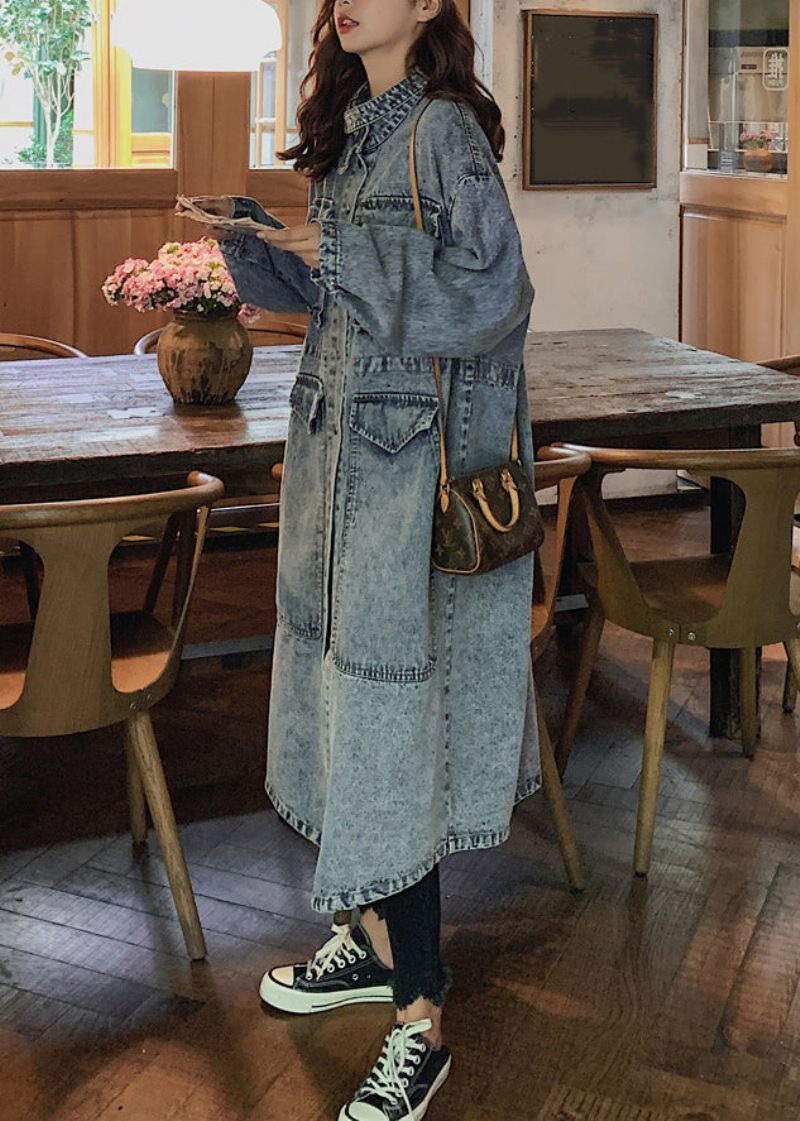 Løse Blå Knaplommer Patchwork Denim Lange Trenchcoats Efterår - Dame trenchcoats