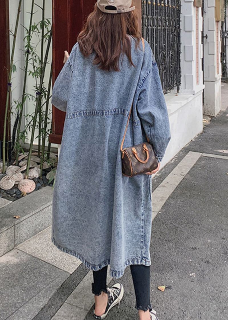 Løse Blå Knaplommer Patchwork Denim Lange Trenchcoats Efterår - Dame trenchcoats