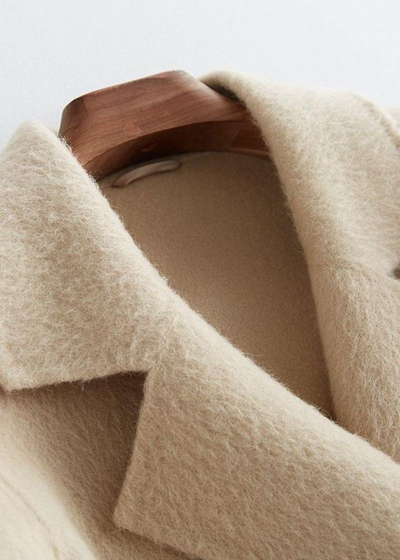 Luksus Beige Uldent Outwear Løstsiddende Mellemlange Frakker Langærmet Jakke Med Hak - Dame trenchcoats