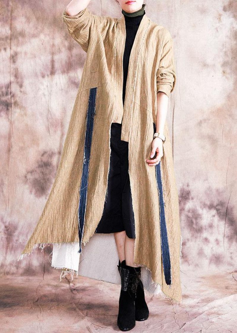 Luksus Kaki Asymmetrisk Overfrakke Oversized Lang Vinterfrakke Efterårsfrakke Patchwork - Khaki