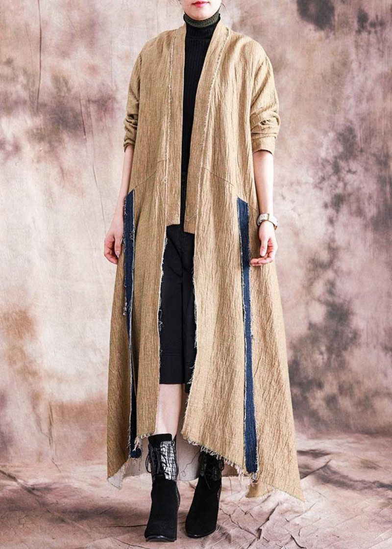 Luksus Kaki Asymmetrisk Overfrakke Oversized Lang Vinterfrakke Efterårsfrakke Patchwork - Khaki