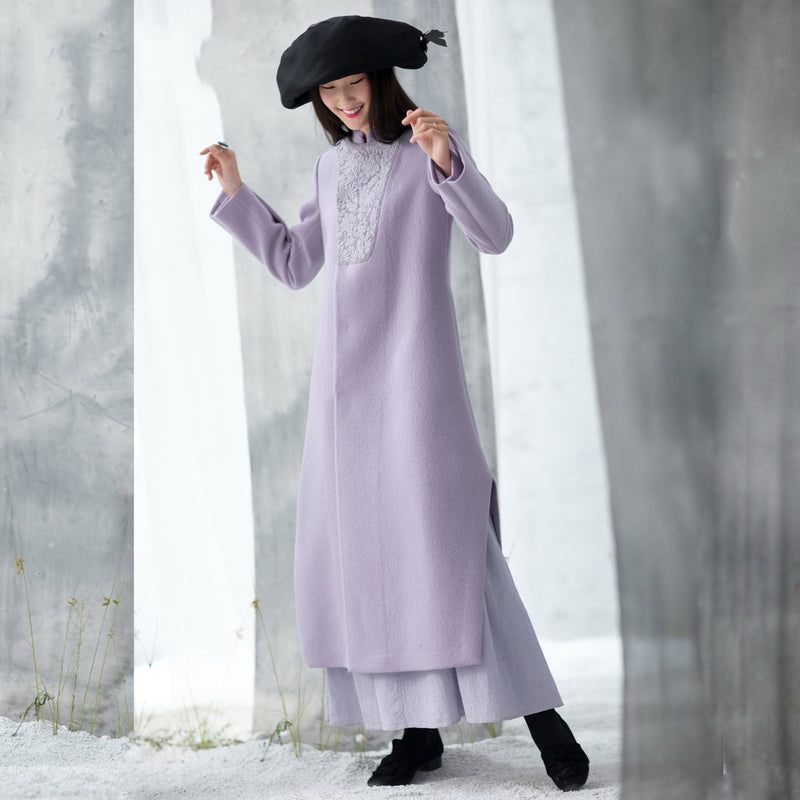 Luksus Lilla Uldfrakker Trendy Plus Size Side Åben Lang Vinterfrakke Broderi Outwear - Dame trenchcoats