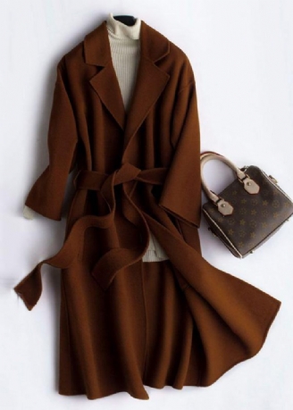 Luksus Oversize Trench Coat Brun Notched Tie Talje Ulden Dame