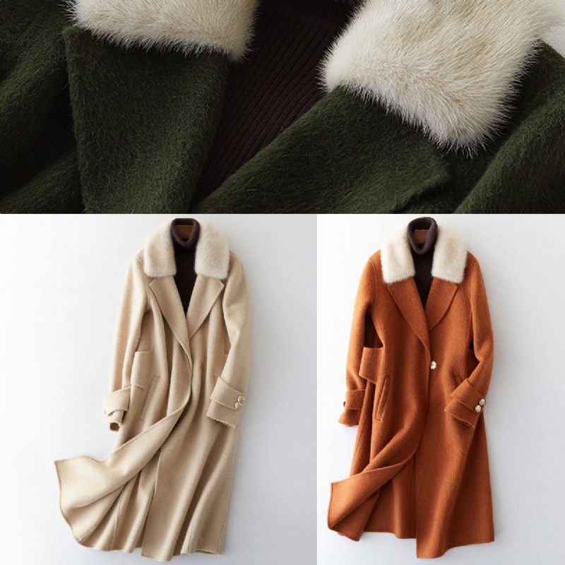 Luksus Oversize Trenchcoat Pelskrave Brun Med Kærv Ulden Overfrakke - Dame trenchcoats