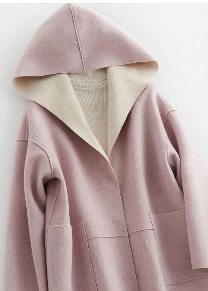 Luksus Oversize Vinterfrakke Hætte Ulden Outwear Pink Lommer Uld Frakke - Dame trenchcoats