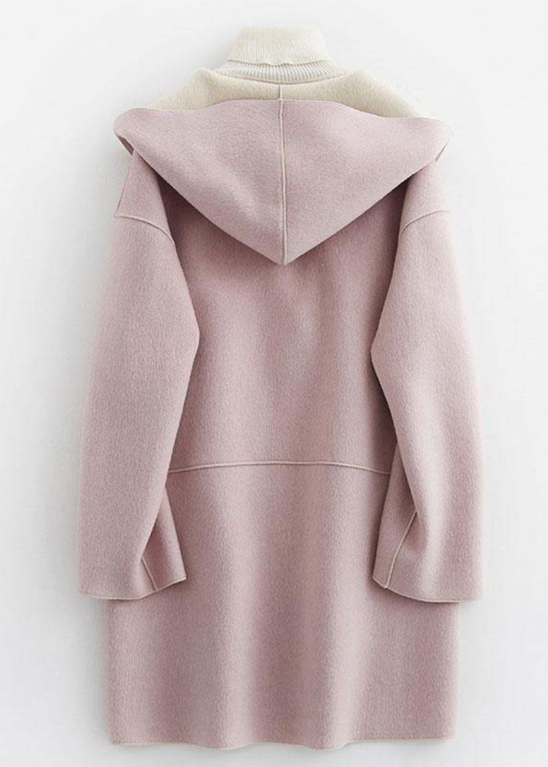 Luksus Oversize Vinterfrakke Hætte Ulden Outwear Pink Lommer Uld Frakke - Dame trenchcoats