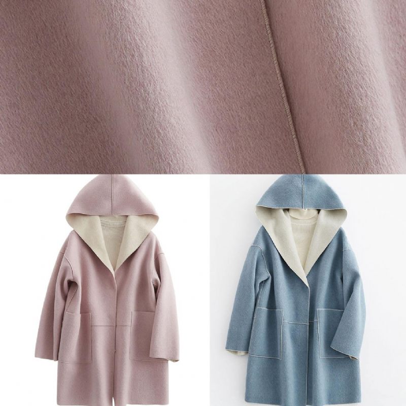 Luksus Oversize Vinterfrakke Hætte Ulden Outwear Pink Lommer Uld Frakke - Dame trenchcoats