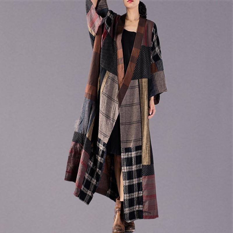 Luksus Plaid Lang Frakke Plus Størrelse V-hals Poset Trenchcoat Boutique Binde Talje Patchwork Lange Jakker