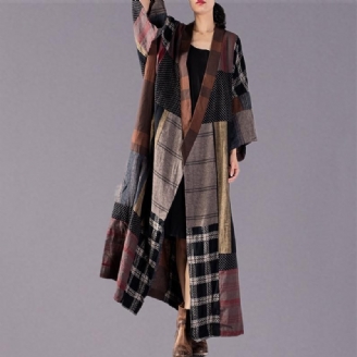 Luksus Plaid Lang Frakke Plus Størrelse V-hals Poset Trenchcoat Boutique Binde Talje Patchwork Lange Jakker