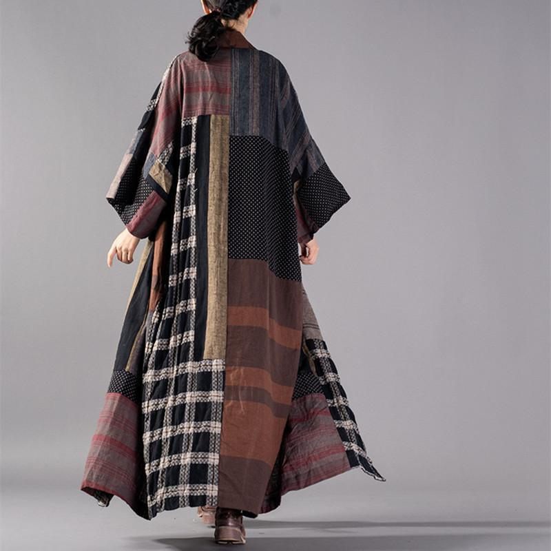 Luksus Plaid Lang Frakke Plus Størrelse V-hals Poset Trenchcoat Boutique Binde Talje Patchwork Lange Jakker - Dame trenchcoats