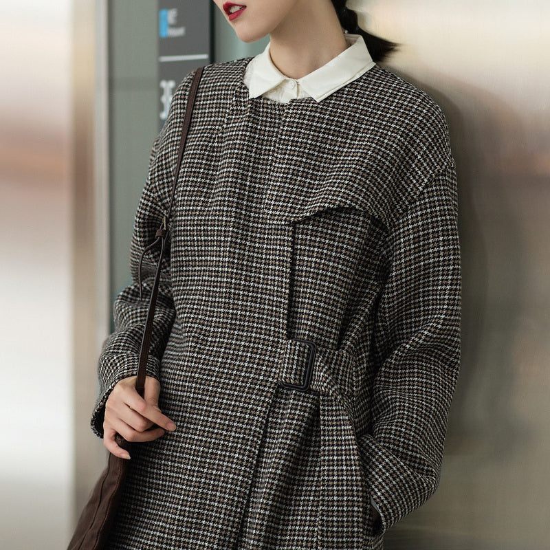 Luksus Plaid Uld Jakker Oversized O Hals Lang Frakke Binde Talje Outwear - Dame trenchcoats