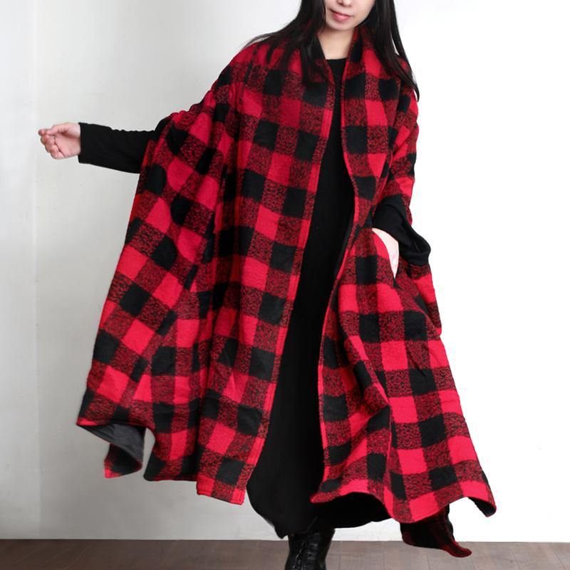 Luksus Plus Size Tøj Lang Vinterfrakke Outwear Rød Plaid Asymmetrisk Uldfrakke