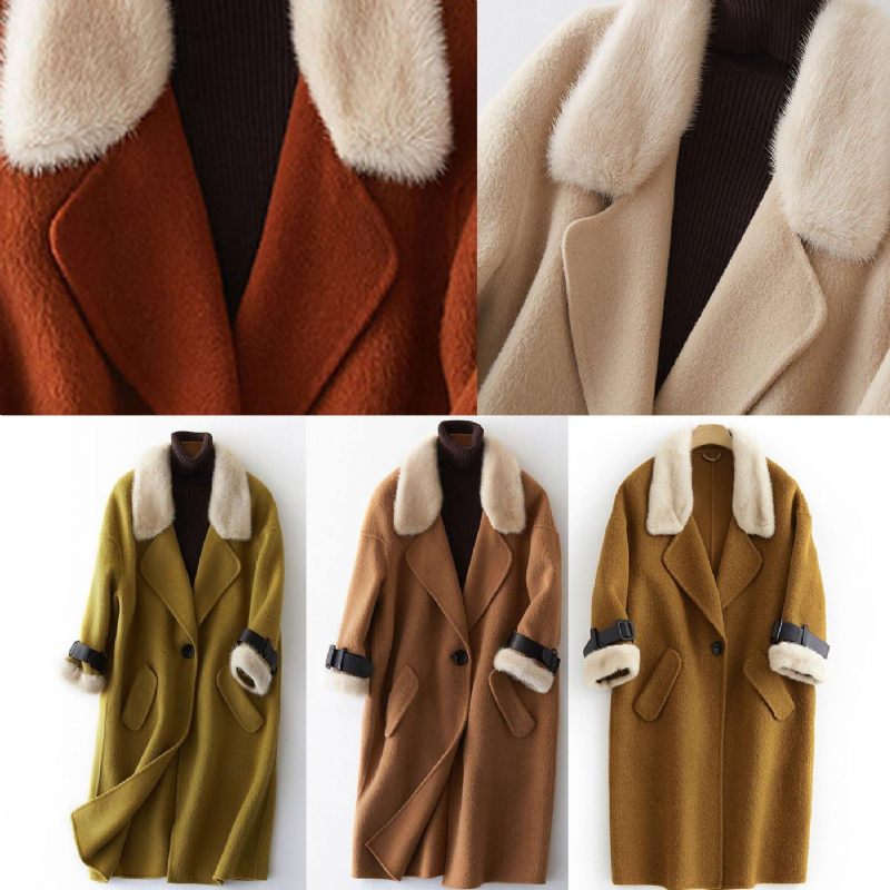 Luksus Plus Size Tøj Vinterjakker Pelskrave Outwear Khaki Store Lommer Uldjakker - Dame trenchcoats