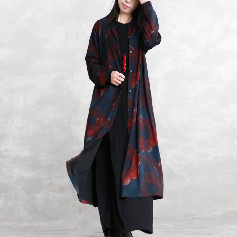 Luksus Print Bomuldsblanding Frakke Oversize Lommer Udtøj Mode Langærmet Baggy Trenchcoat