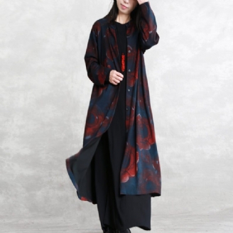 Luksus Print Bomuldsblanding Frakke Oversize Lommer Udtøj Mode Langærmet Baggy Trenchcoat