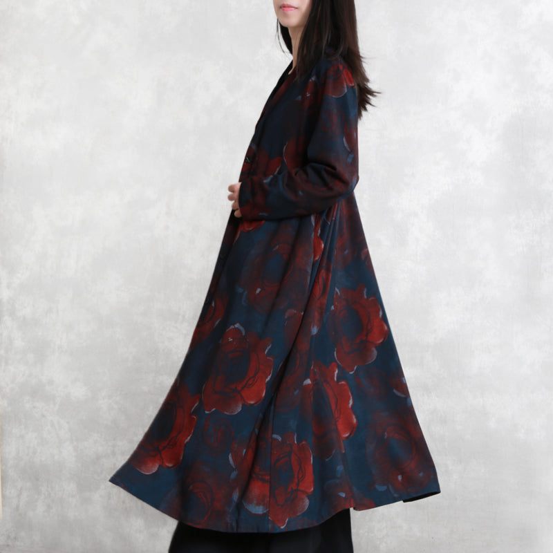 Luksus Print Bomuldsblanding Frakke Oversize Lommer Udtøj Mode Langærmet Baggy Trenchcoat - Dame trenchcoats