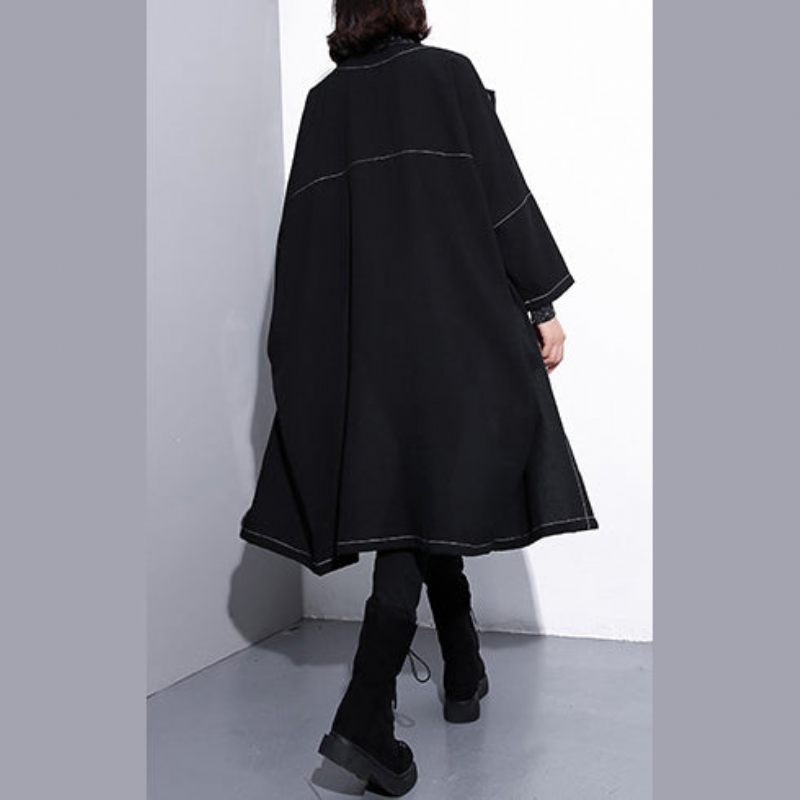 Luksus Sort Maxi Frakke Plus Størrelse O Hals Baggy Boutique Lommer Frakker - Dame trenchcoats