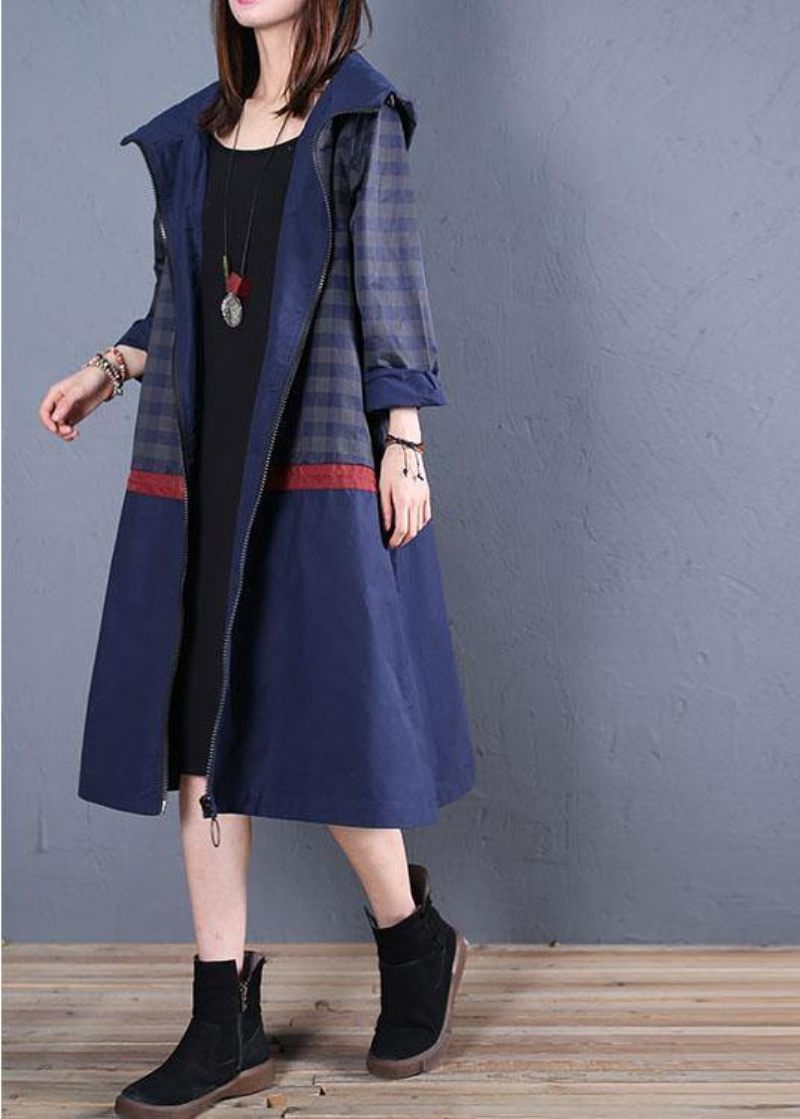 Luksus Trendy Plus Size Maxi Frakke Efterår Blå Hætte Patchwork - Dame trenchcoats