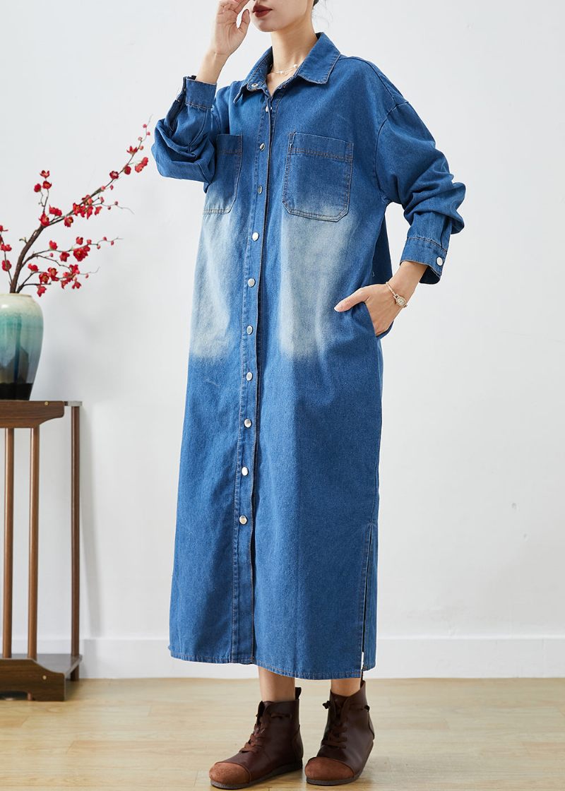 Mode Blå Knap Nede Side Åben Denim Trenchcoats Efterår