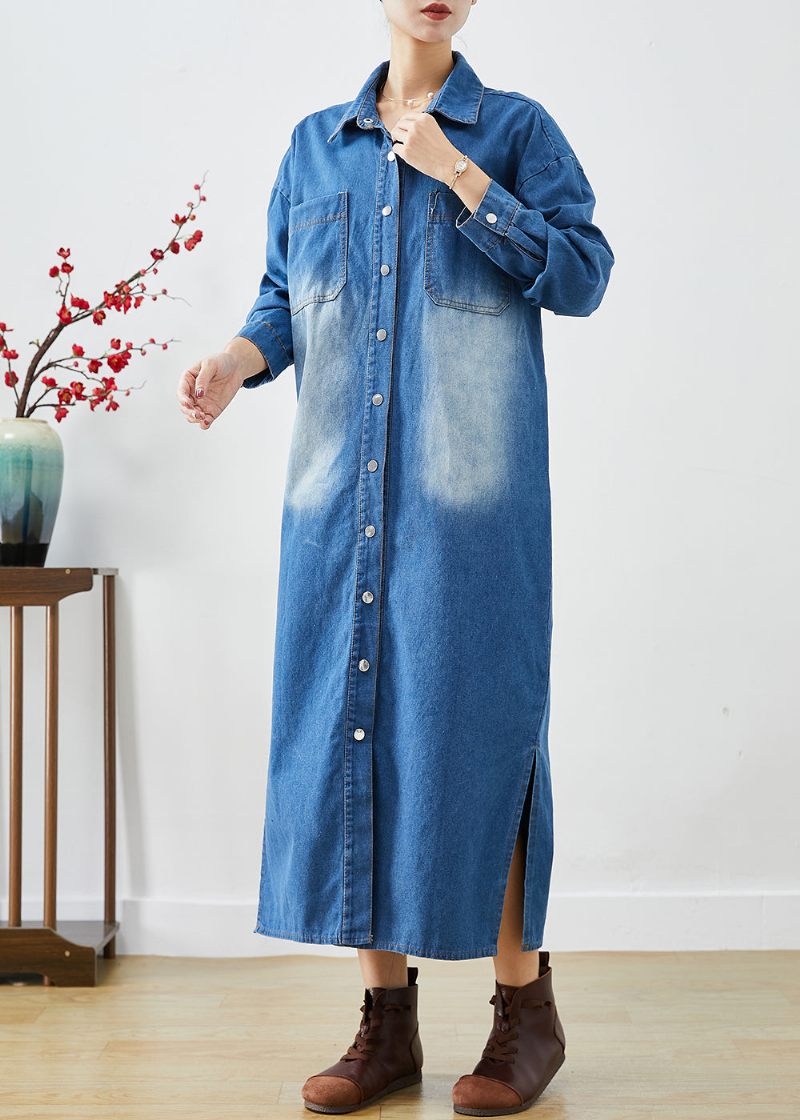 Mode Blå Knap Nede Side Åben Denim Trenchcoats Efterår - Dame trenchcoats