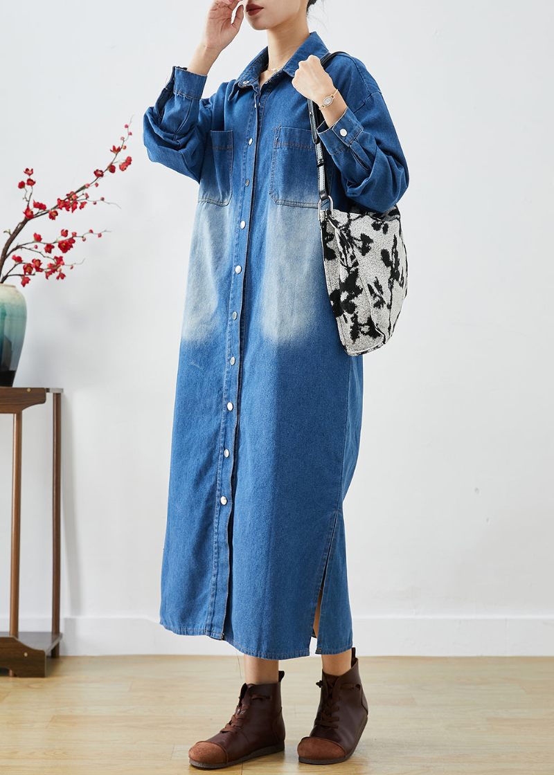 Mode Blå Knap Nede Side Åben Denim Trenchcoats Efterår - Dame trenchcoats