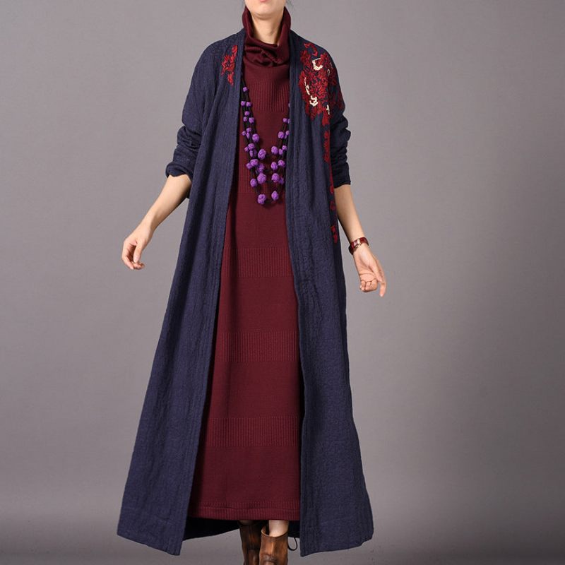 Mode Blå Maxi Frakke Oversized Broderi Baggy Trenchcoat Ny Side Åben - Gul