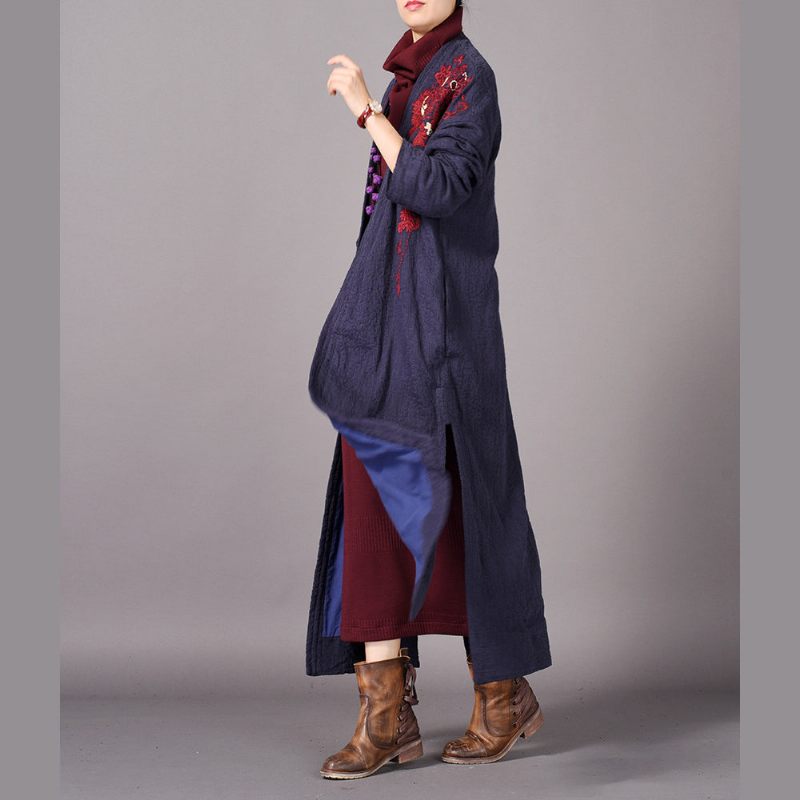 Mode Blå Maxi Frakke Oversized Broderi Baggy Trenchcoat Ny Side Åben - Gul