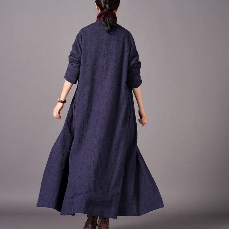 Mode Blå Maxi Frakke Oversized Broderi Baggy Trenchcoat Ny Side Åben - Gul