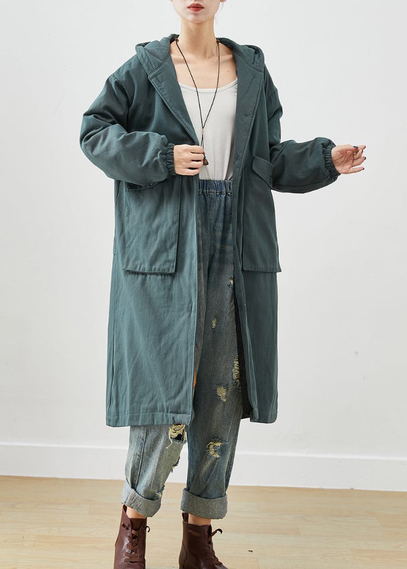 Mode Blackish Green Hættelommer Tykke Varm Fleece Trench Fall